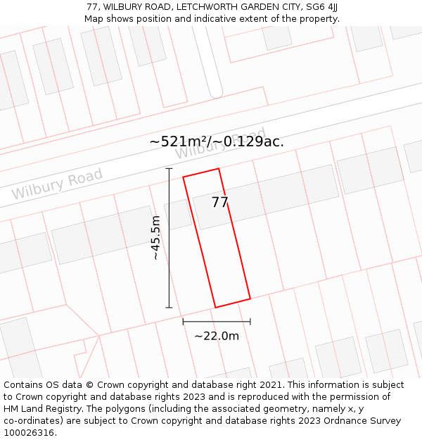 77, WILBURY ROAD, LETCHWORTH GARDEN CITY, SG6 4JJ: Plot and title map