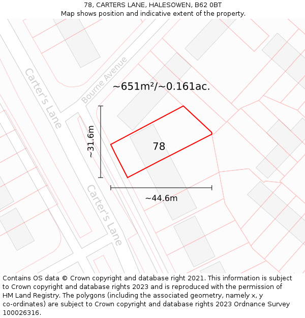 78, CARTERS LANE, HALESOWEN, B62 0BT: Plot and title map