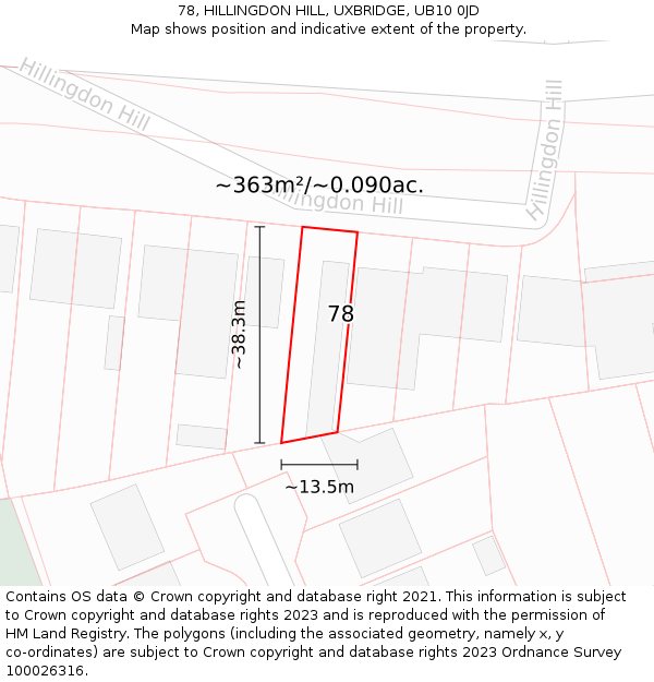 78, HILLINGDON HILL, UXBRIDGE, UB10 0JD: Plot and title map