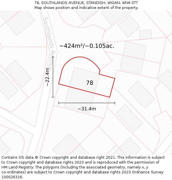 78, SOUTHLANDS AVENUE, STANDISH, WIGAN, WN6 0TT: Plot and title map