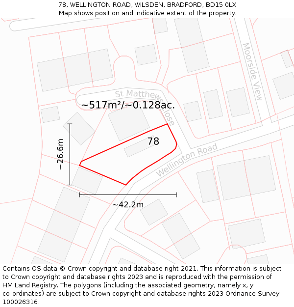 78, WELLINGTON ROAD, WILSDEN, BRADFORD, BD15 0LX: Plot and title map