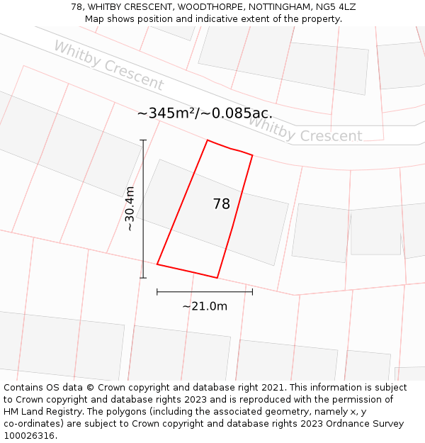 78, WHITBY CRESCENT, WOODTHORPE, NOTTINGHAM, NG5 4LZ: Plot and title map