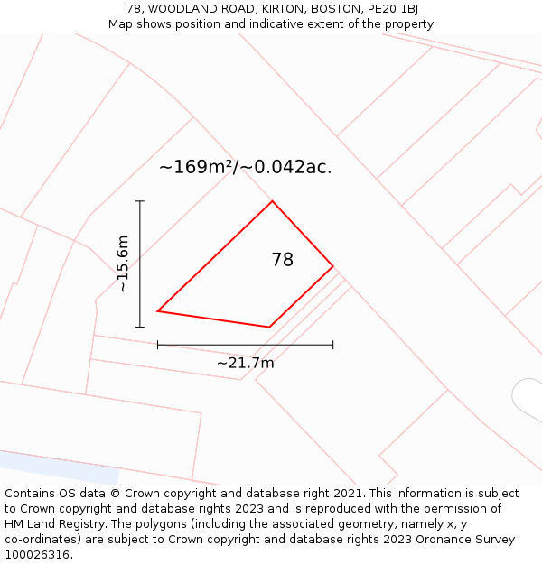 78, WOODLAND ROAD, KIRTON, BOSTON, PE20 1BJ: Plot and title map