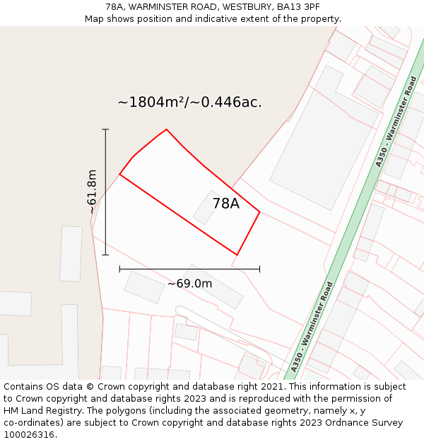 78A, WARMINSTER ROAD, WESTBURY, BA13 3PF: Plot and title map