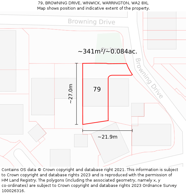 79, BROWNING DRIVE, WINWICK, WARRINGTON, WA2 8XL: Plot and title map