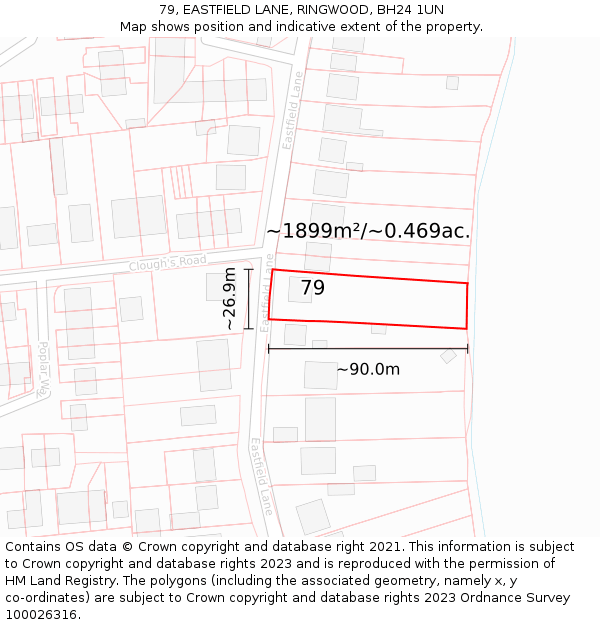 79, EASTFIELD LANE, RINGWOOD, BH24 1UN: Plot and title map