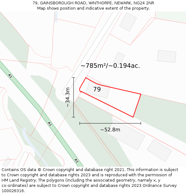 79, GAINSBOROUGH ROAD, WINTHORPE, NEWARK, NG24 2NR: Plot and title map