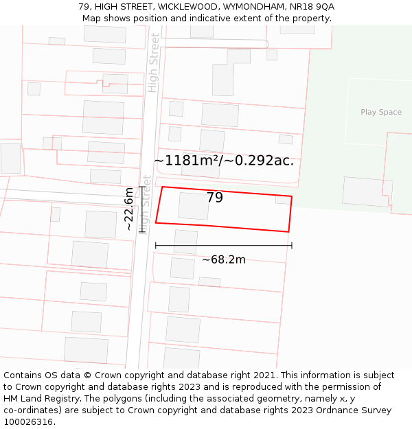 79, HIGH STREET, WICKLEWOOD, WYMONDHAM, NR18 9QA: Plot and title map