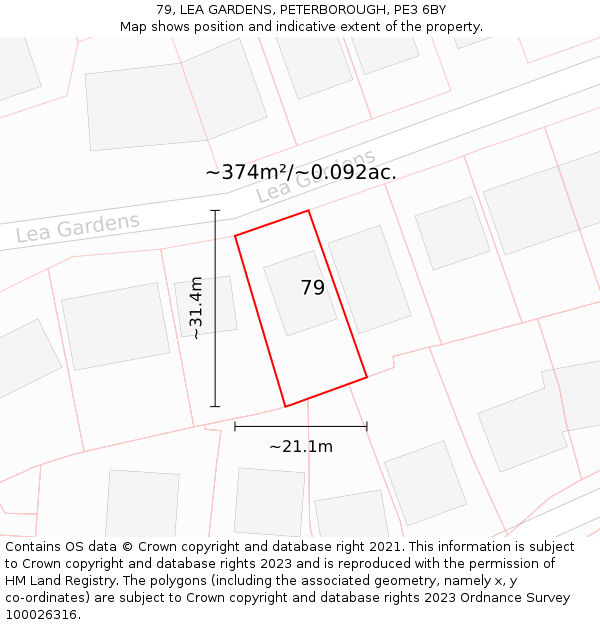 79, LEA GARDENS, PETERBOROUGH, PE3 6BY: Plot and title map