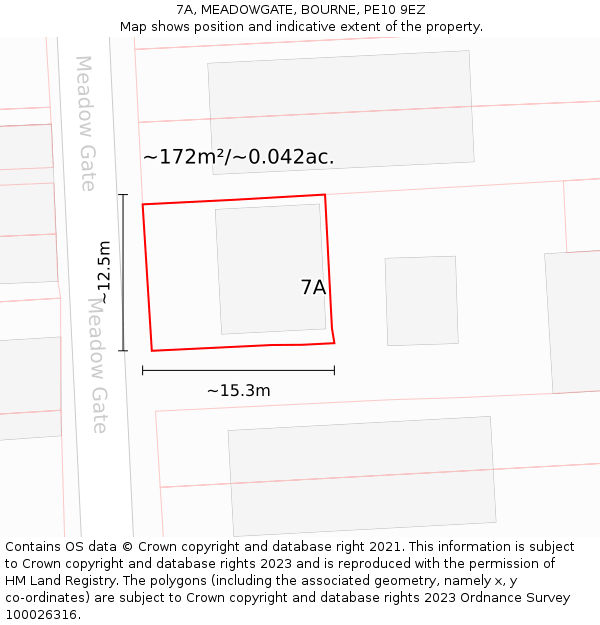 7A, MEADOWGATE, BOURNE, PE10 9EZ: Plot and title map