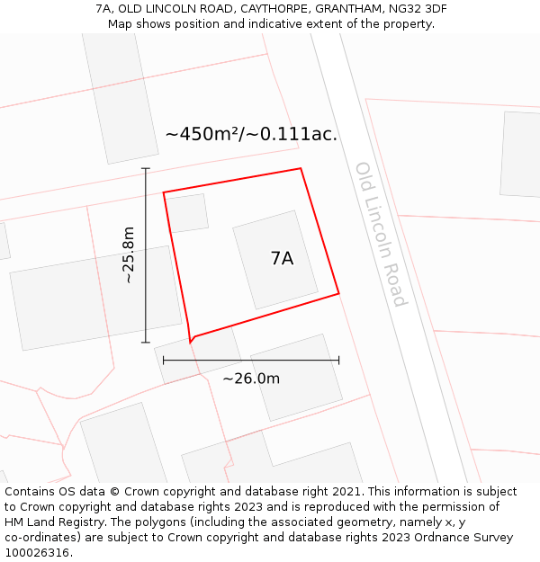 7A, OLD LINCOLN ROAD, CAYTHORPE, GRANTHAM, NG32 3DF: Plot and title map