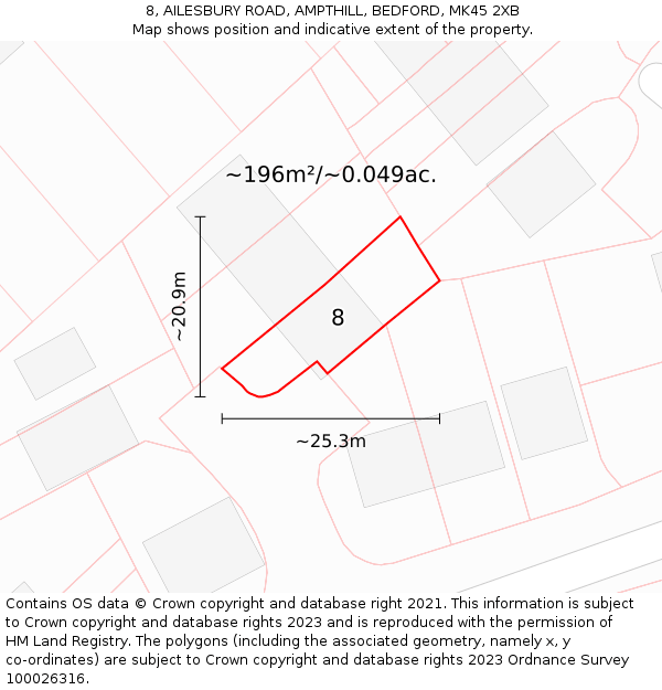 8, AILESBURY ROAD, AMPTHILL, BEDFORD, MK45 2XB: Plot and title map