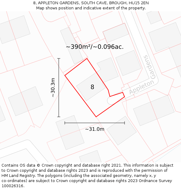 8, APPLETON GARDENS, SOUTH CAVE, BROUGH, HU15 2EN: Plot and title map