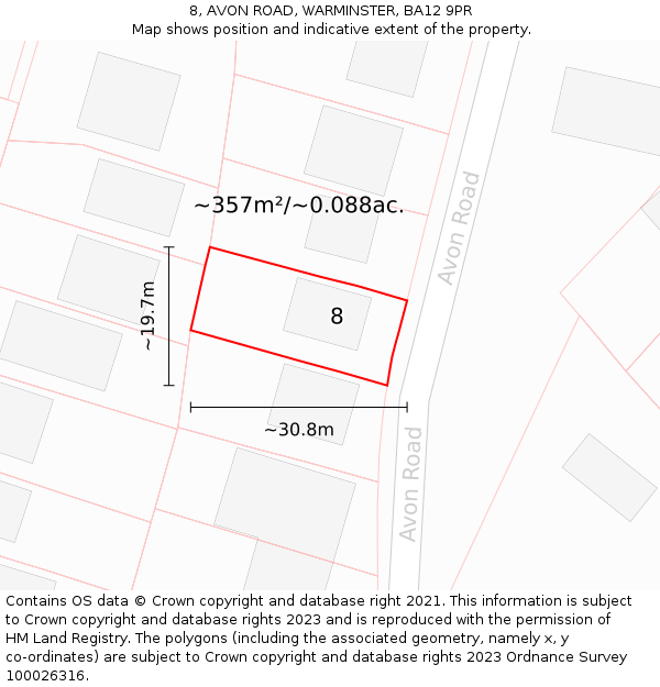 8, AVON ROAD, WARMINSTER, BA12 9PR: Plot and title map