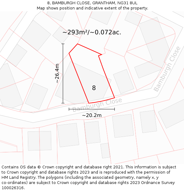 8, BAMBURGH CLOSE, GRANTHAM, NG31 8UL: Plot and title map