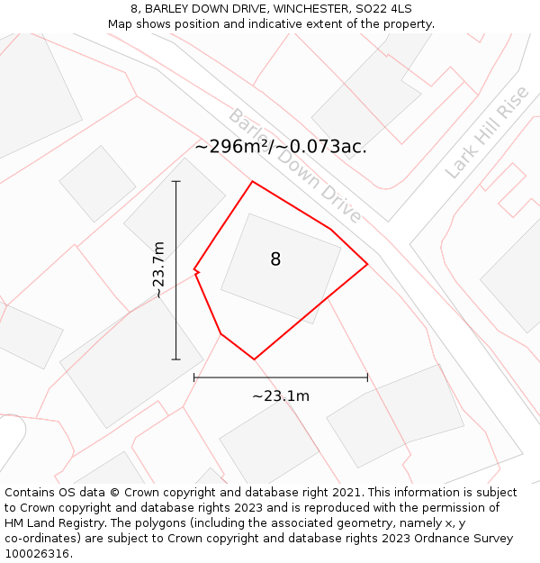 8, BARLEY DOWN DRIVE, WINCHESTER, SO22 4LS: Plot and title map