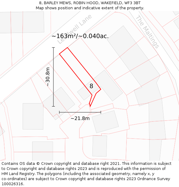 8, BARLEY MEWS, ROBIN HOOD, WAKEFIELD, WF3 3BT: Plot and title map