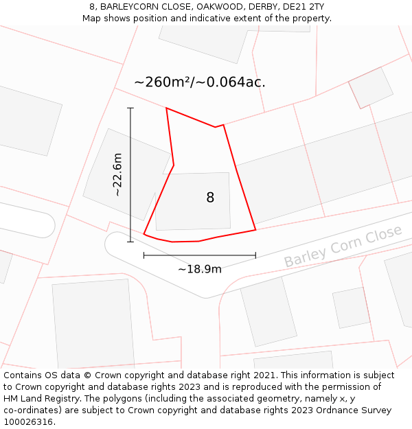 8, BARLEYCORN CLOSE, OAKWOOD, DERBY, DE21 2TY: Plot and title map