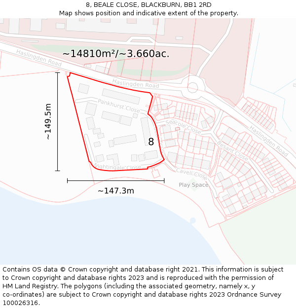 8, BEALE CLOSE, BLACKBURN, BB1 2RD: Plot and title map