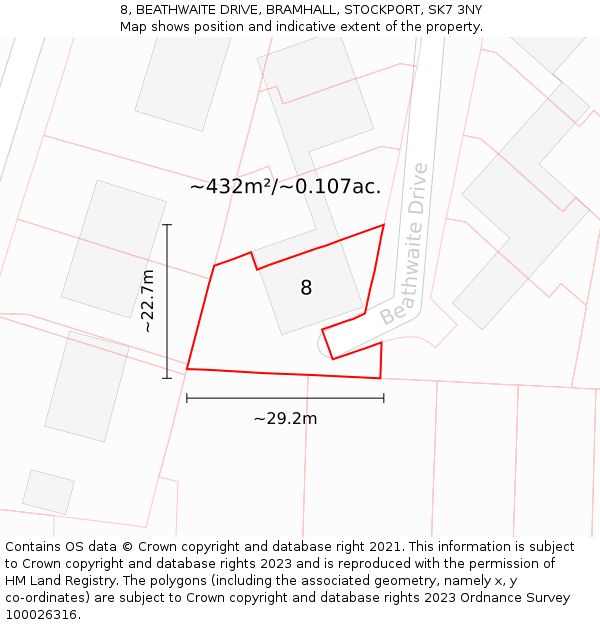 8, BEATHWAITE DRIVE, BRAMHALL, STOCKPORT, SK7 3NY: Plot and title map