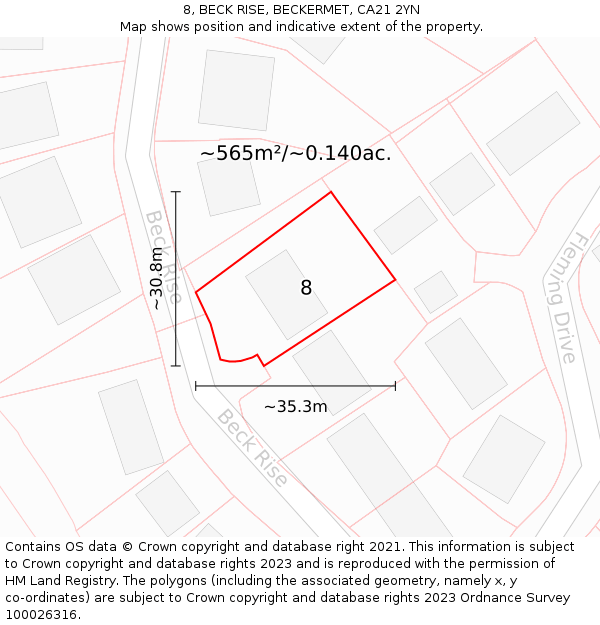 8, BECK RISE, BECKERMET, CA21 2YN: Plot and title map