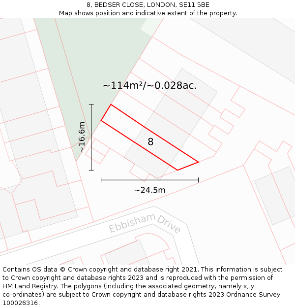 8, BEDSER CLOSE, LONDON, SE11 5BE: Plot and title map