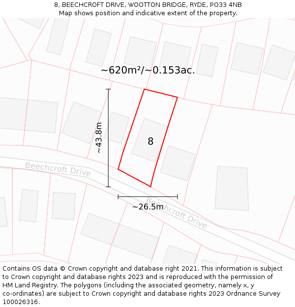 8, BEECHCROFT DRIVE, WOOTTON BRIDGE, RYDE, PO33 4NB: Plot and title map