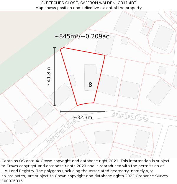 8, BEECHES CLOSE, SAFFRON WALDEN, CB11 4BT: Plot and title map