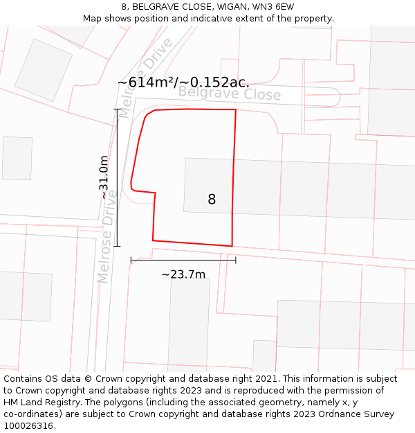 8, BELGRAVE CLOSE, WIGAN, WN3 6EW: Plot and title map