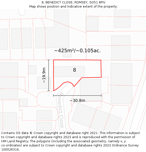 8, BENEDICT CLOSE, ROMSEY, SO51 8PN: Plot and title map