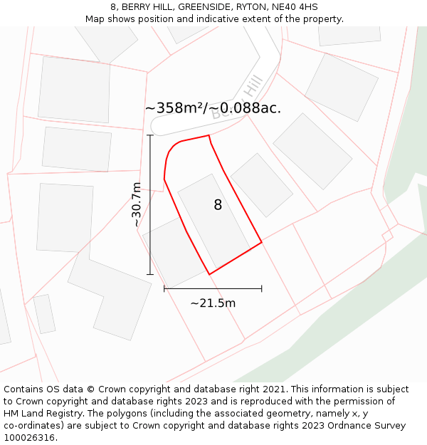 8, BERRY HILL, GREENSIDE, RYTON, NE40 4HS: Plot and title map