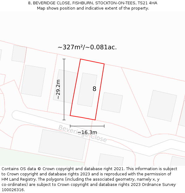 8, BEVERIDGE CLOSE, FISHBURN, STOCKTON-ON-TEES, TS21 4HA: Plot and title map