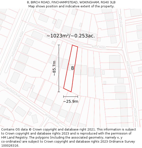 8, BIRCH ROAD, FINCHAMPSTEAD, WOKINGHAM, RG40 3LB: Plot and title map