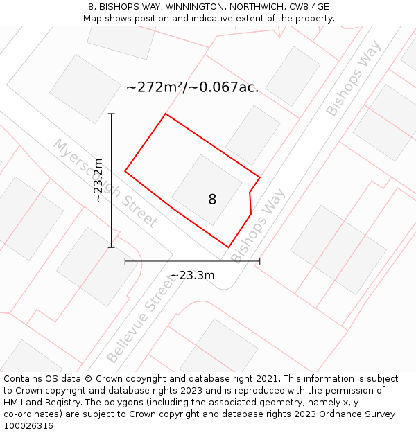 8, BISHOPS WAY, WINNINGTON, NORTHWICH, CW8 4GE: Plot and title map