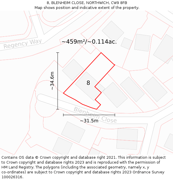 8, BLENHEIM CLOSE, NORTHWICH, CW9 8FB: Plot and title map