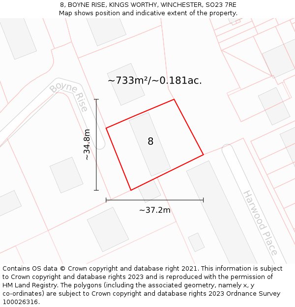 8, BOYNE RISE, KINGS WORTHY, WINCHESTER, SO23 7RE: Plot and title map