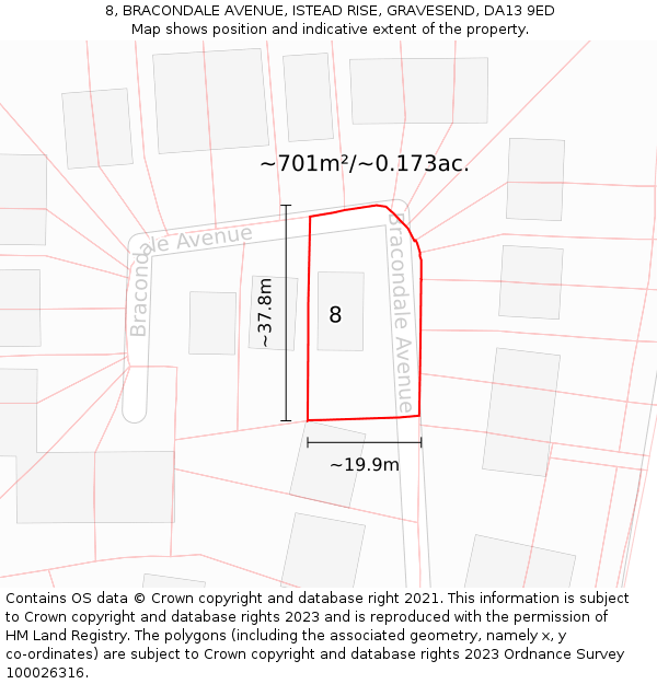 8, BRACONDALE AVENUE, ISTEAD RISE, GRAVESEND, DA13 9ED: Plot and title map