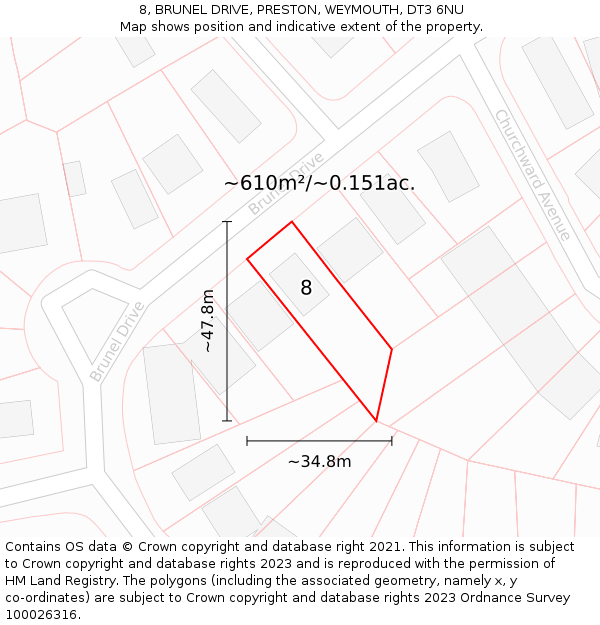 8, BRUNEL DRIVE, PRESTON, WEYMOUTH, DT3 6NU: Plot and title map