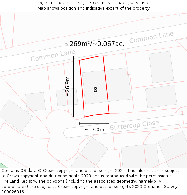 8, BUTTERCUP CLOSE, UPTON, PONTEFRACT, WF9 1ND: Plot and title map