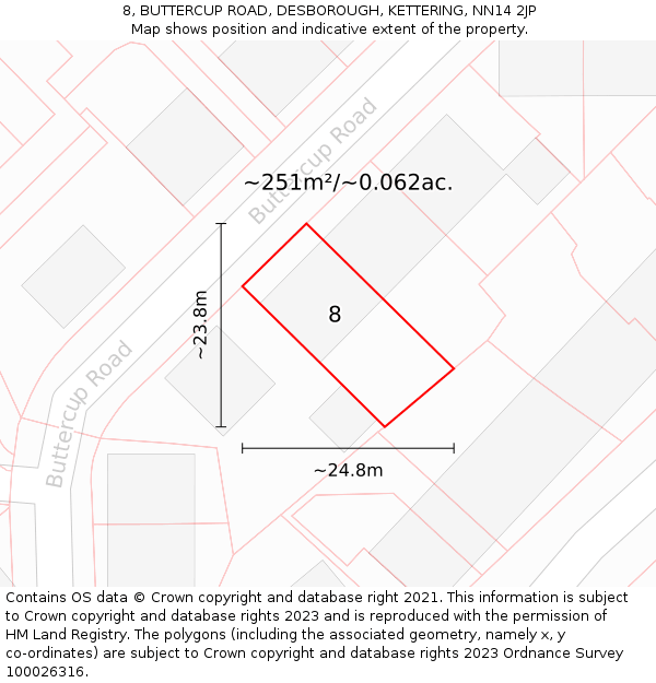 8, BUTTERCUP ROAD, DESBOROUGH, KETTERING, NN14 2JP: Plot and title map