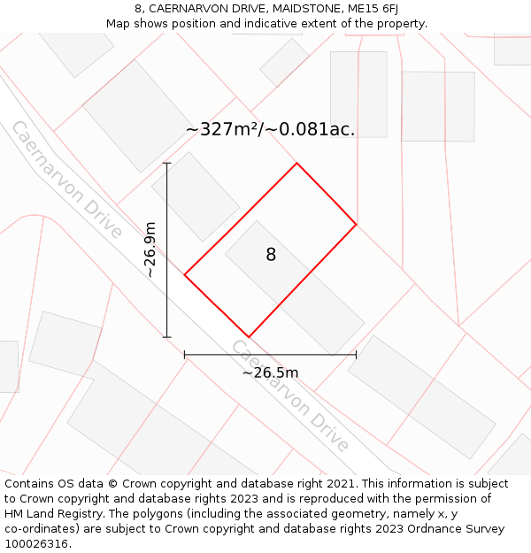 8, CAERNARVON DRIVE, MAIDSTONE, ME15 6FJ: Plot and title map