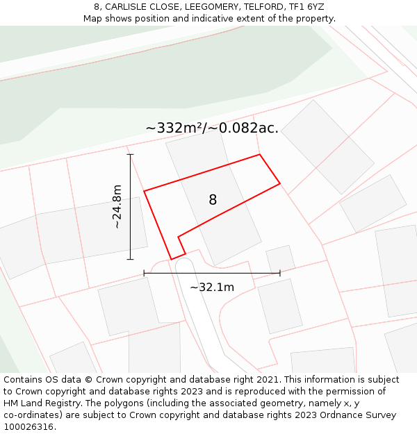 8, CARLISLE CLOSE, LEEGOMERY, TELFORD, TF1 6YZ: Plot and title map