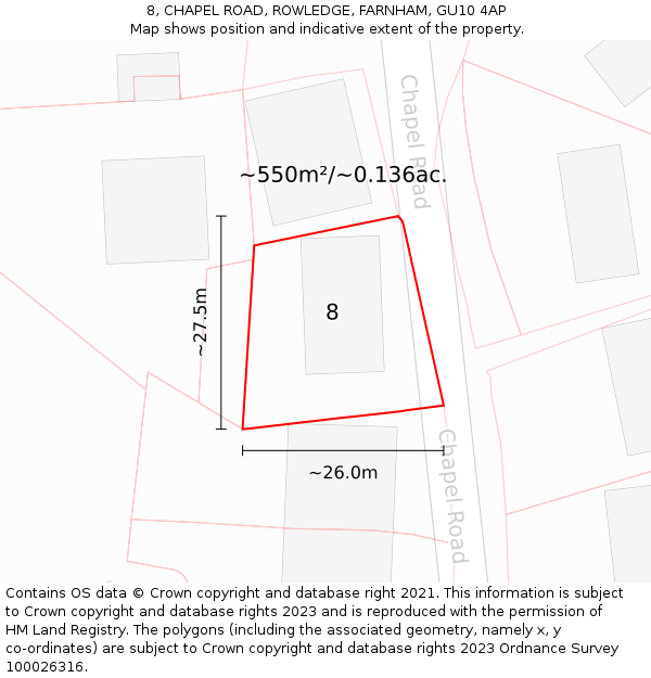 8, CHAPEL ROAD, ROWLEDGE, FARNHAM, GU10 4AP: Plot and title map