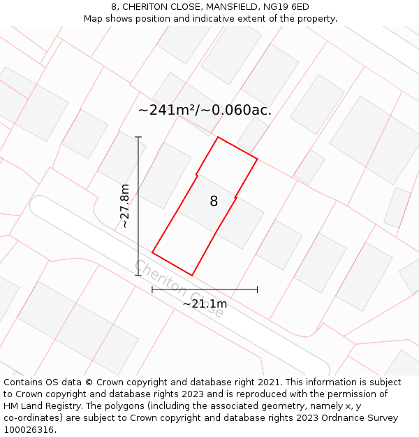 8, CHERITON CLOSE, MANSFIELD, NG19 6ED: Plot and title map