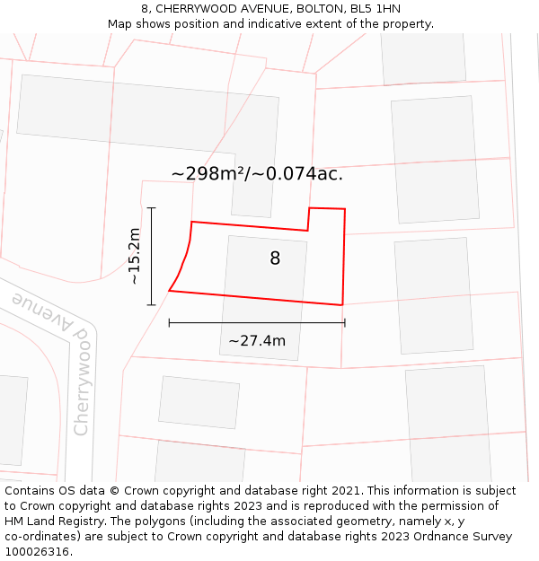 8, CHERRYWOOD AVENUE, BOLTON, BL5 1HN: Plot and title map