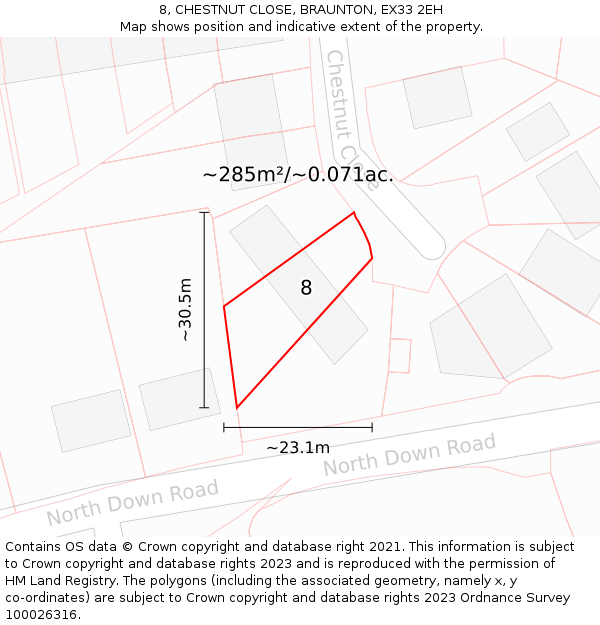 8, CHESTNUT CLOSE, BRAUNTON, EX33 2EH: Plot and title map