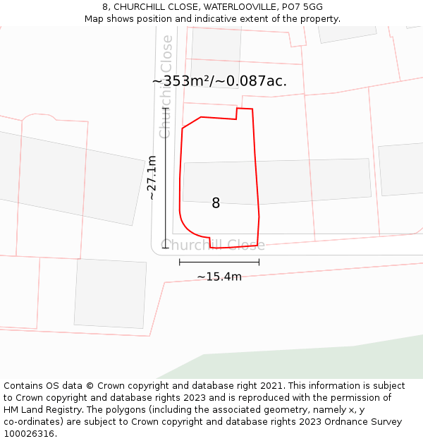 8, CHURCHILL CLOSE, WATERLOOVILLE, PO7 5GG: Plot and title map