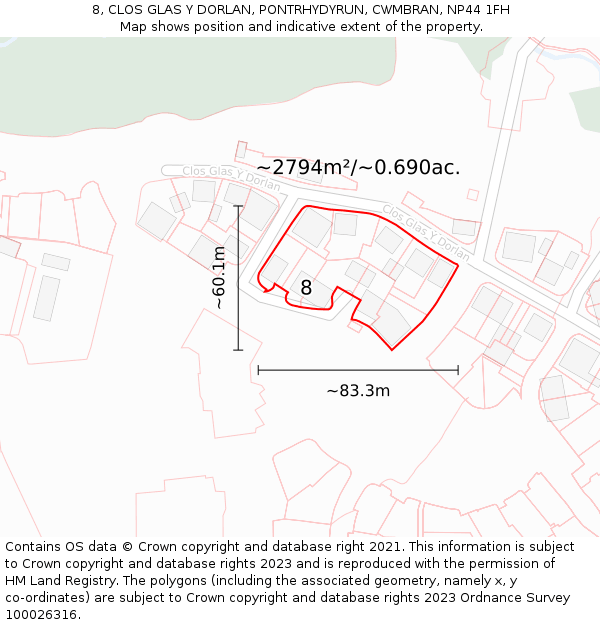 8, CLOS GLAS Y DORLAN, PONTRHYDYRUN, CWMBRAN, NP44 1FH: Plot and title map