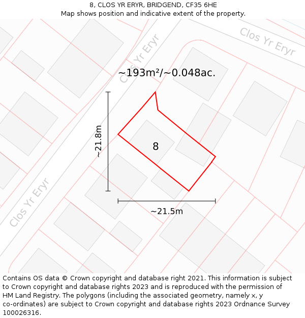 8, CLOS YR ERYR, BRIDGEND, CF35 6HE: Plot and title map