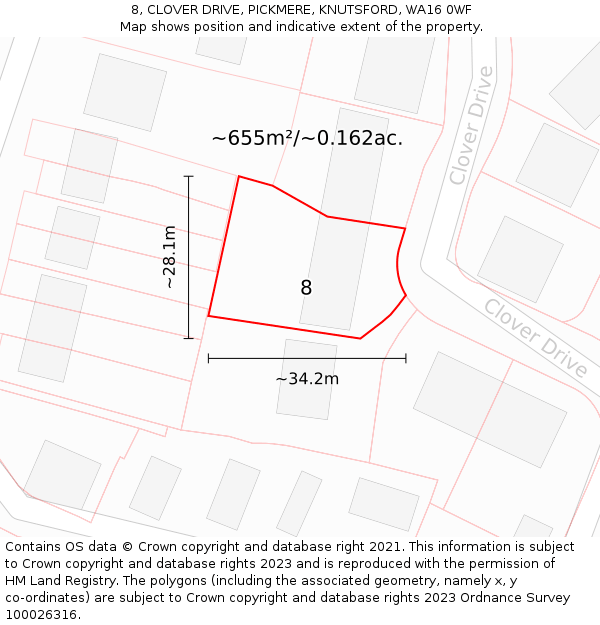 8, CLOVER DRIVE, PICKMERE, KNUTSFORD, WA16 0WF: Plot and title map